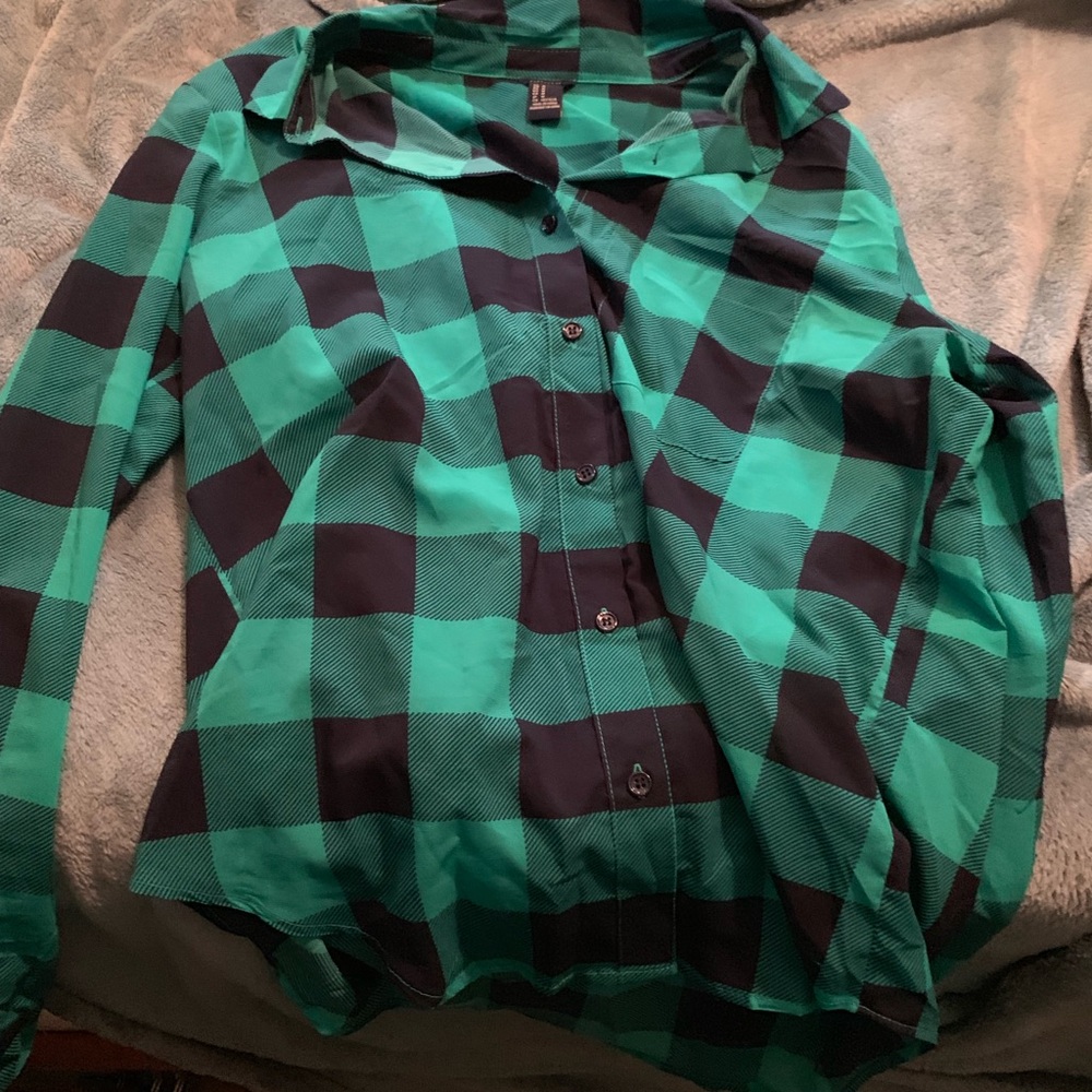 Teal and black chiffon blouse